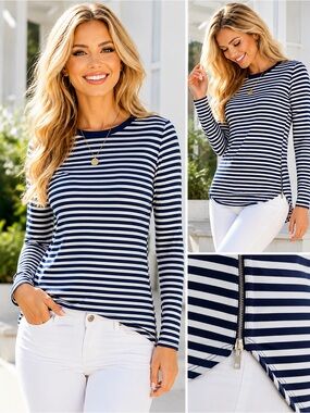 Michael Kors Navy and White Striped Long-Sleeve Crewneck Top